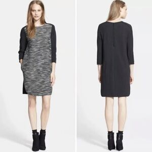 VINCE Wool Blend Tweed Shift Dress 3/4 Sleeves Two Tone Black Gray Small